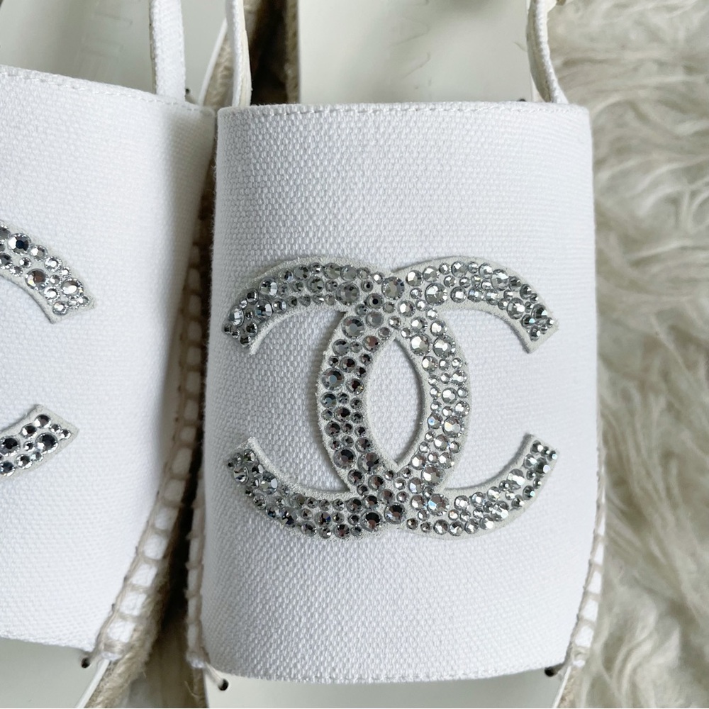 Chanel 24S Interlocking CC Logo Espadrille Slingback White Canvas Rhinestone 38 - Picture 11 of 13